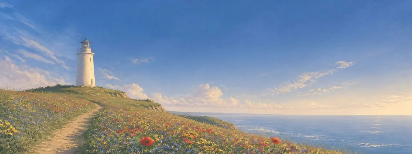 Um farol branco em um promontório de flores vermelhas, amarelas e azuis sobre um mar calmo, uma trilha de terra subindo até ele sob um céu claro de manhã