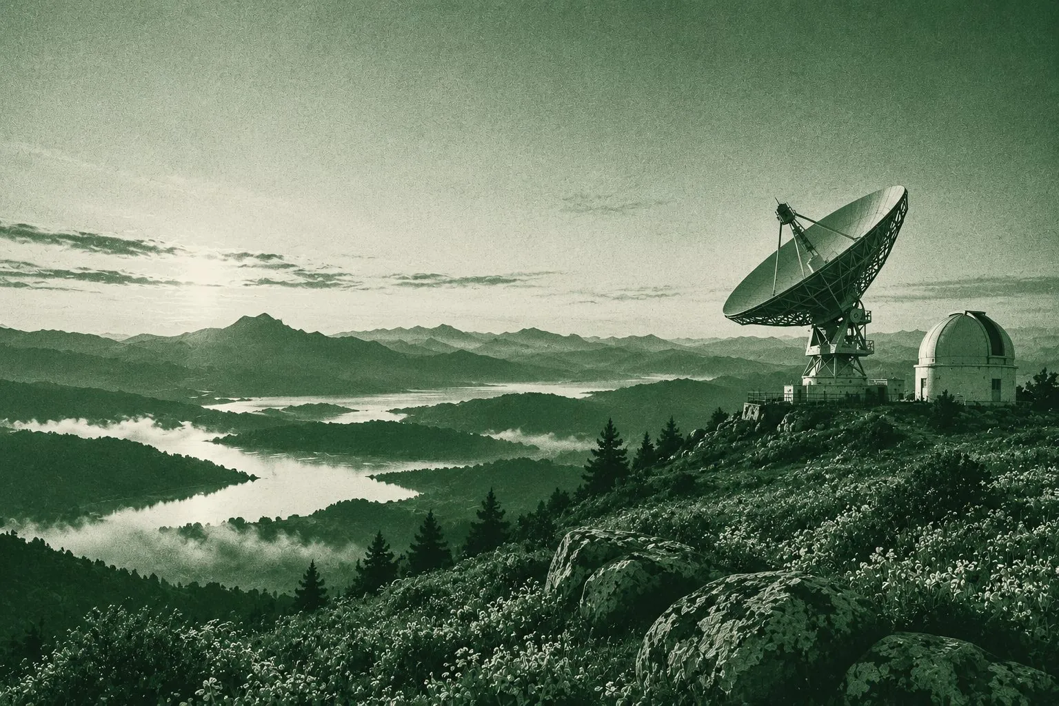 Uma antena parabólica e uma cúpula de observatório em uma encosta de flores silvestres acima de vales com névoa, em duotônico verde profundo