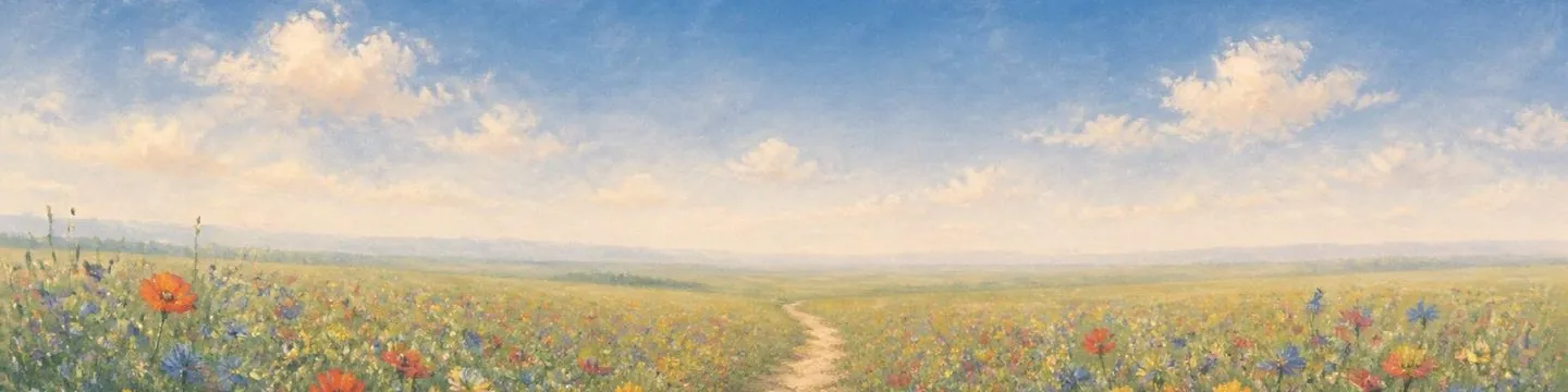 Uma estreita trilha de terra atravessando um campo de flores silvestres azuis, vermelhas e amarelas em direção a um horizonte enevoado, na luz do fim de tarde