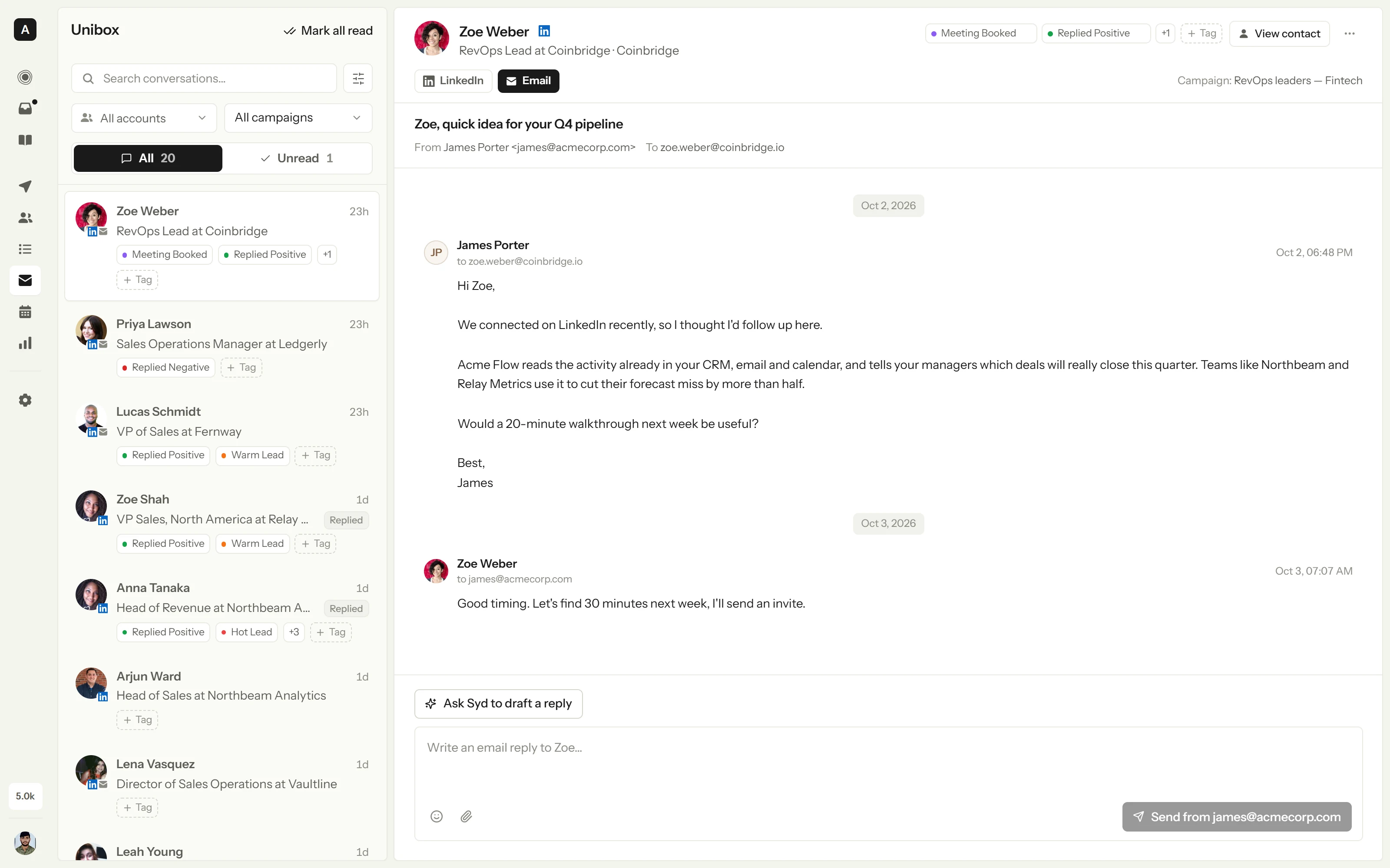 A Unibox com uma conversa aberta: a resposta do prospect, a campanha de origem e Pedir ao Syd um rascunho